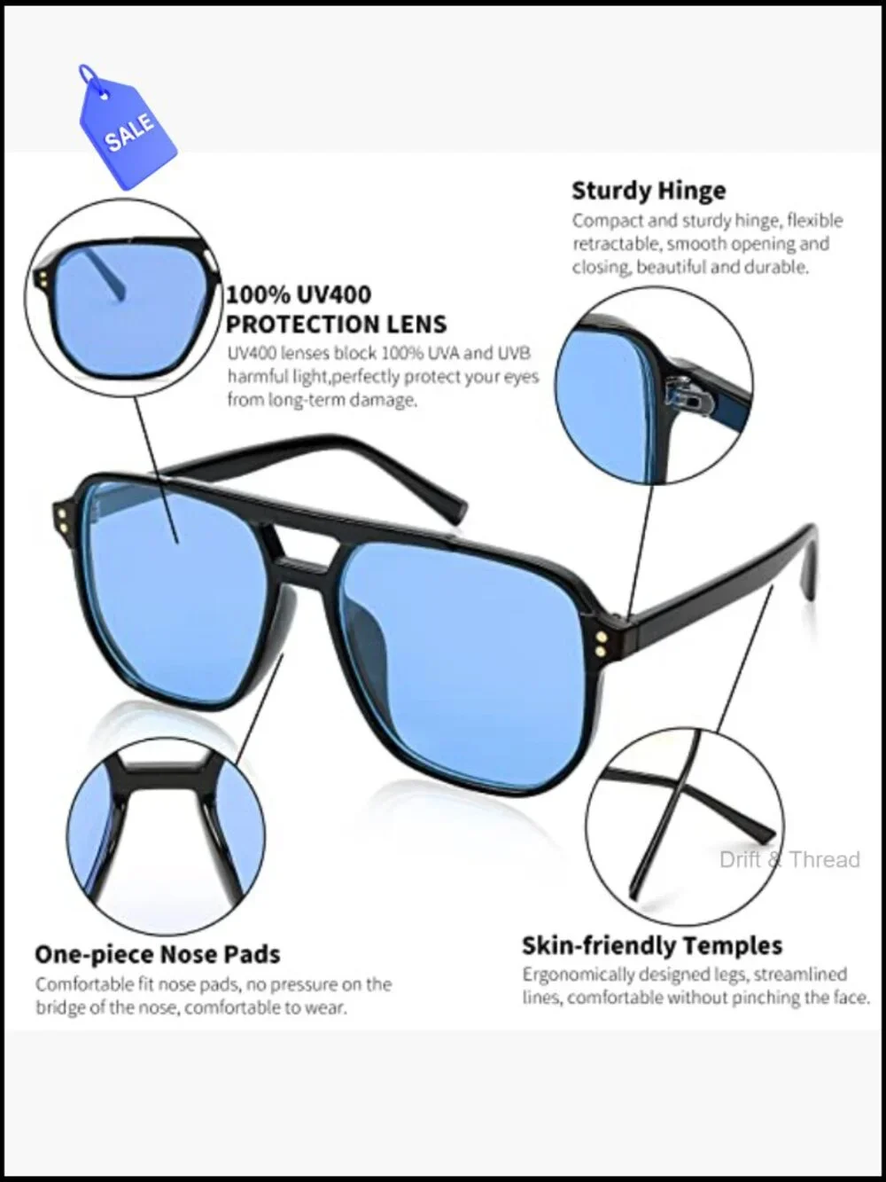 Retro Square Aviator Sunglasses Women 70s Vintage Trendy UV400 Plastic Frame